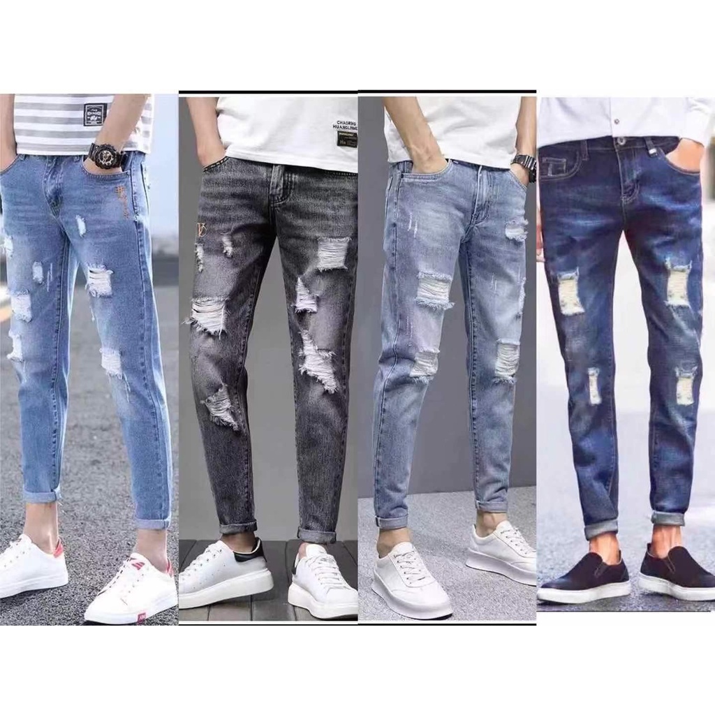 DGKaxiyaHM Men's Distressed Ripped Stretch Pants Washed Tight Knee Hole  Skinny Denim Trousers Mid Rise Button Slim Fit Jeans (Dark Blue,Small,5,OZ)  at Amazon Men's Clothing store