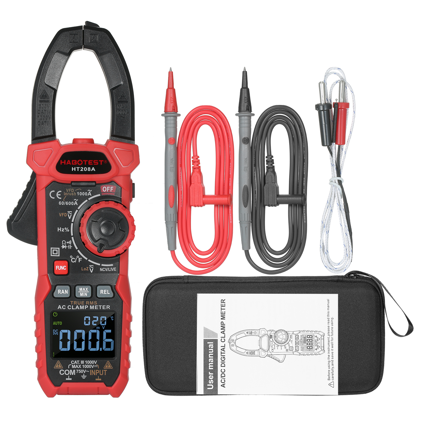 HABOTEST AC Digital Clamp Meter True-RMS Multimeter Anto-Ranging Multi Tester Current Clamp with Amp Volt Ohm Diode Capacitance Resistance Continuity NCV Temperature Duty Ratio VFD Tests