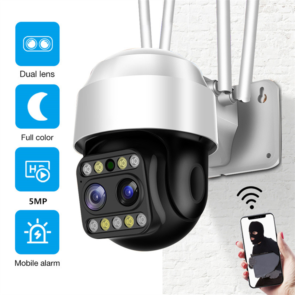 Hamrol 5MP 10X ZOOM Dual Lens Outdoor Wireless PTZ IP Camera External Wifi Street Speed Dome Camera P2P Motion Alert IP66 CCTV Camera Connect to Cellphone YOOSEE APP