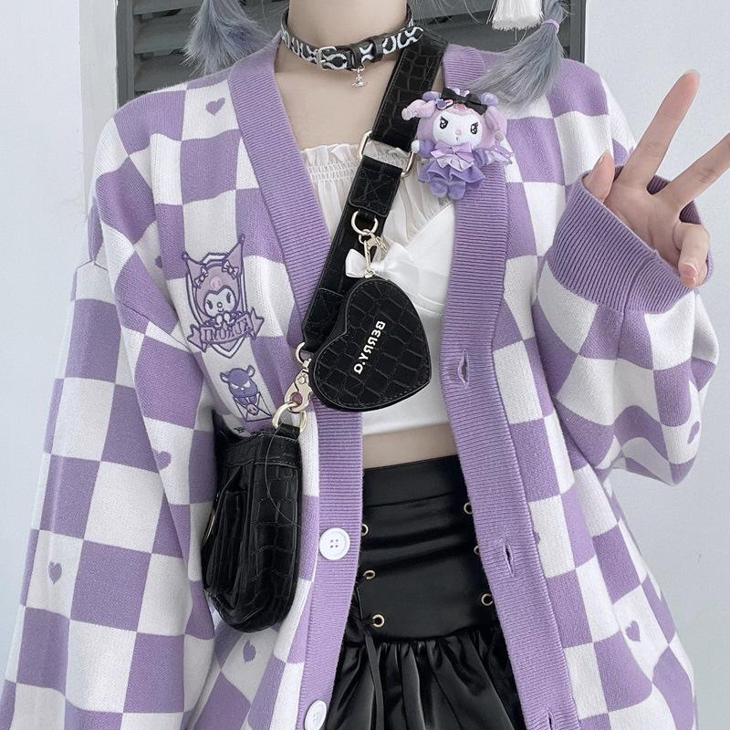 Kawaii Sanrioed Clothes My Melody Kuromi Cinnamoroll Jk Uniform Checkerboard Knitted Sweater Women Loose Sweater Top Coat Gift