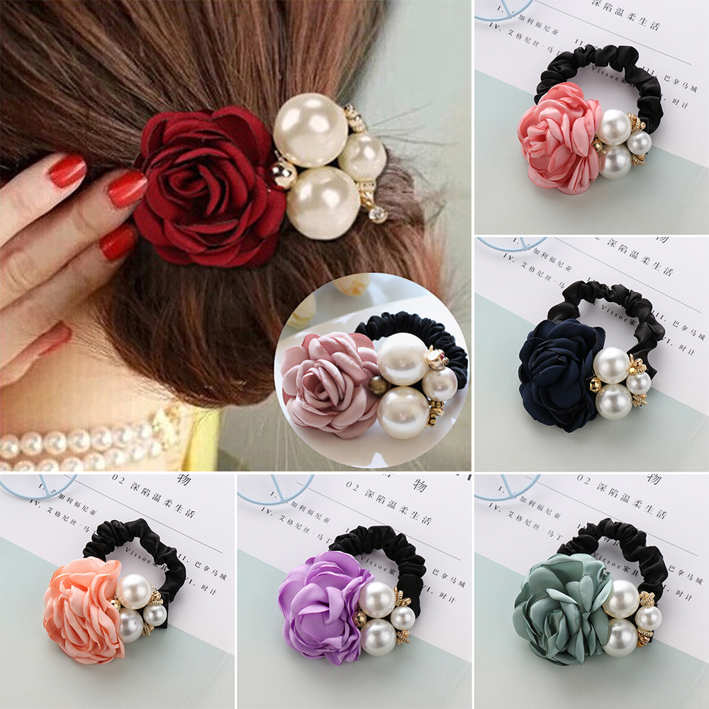 F8C503Y Women Girls Hair Accessorie Pearl Rhinestone Hair Bands Hair Rubber Bands Hair Rope Headbands Elastic Hair Ring