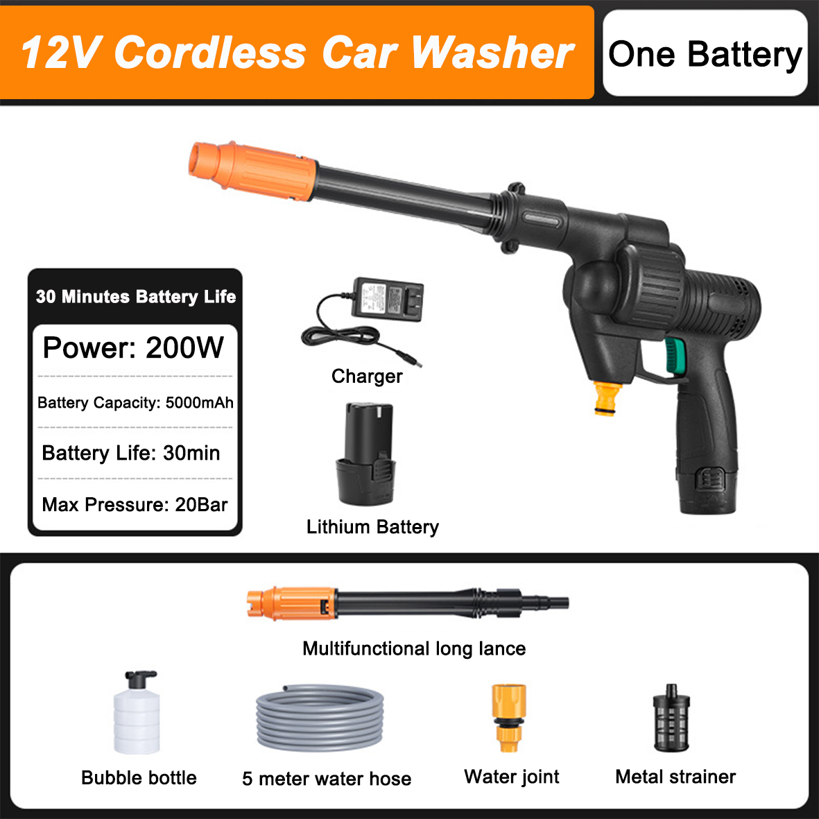 with 5 Meters Hose for Car Wash/Household Cleaning/Garden Watering Cordless Pressure Washer Self-Priming Water Source Adjustable Spray Gun Rechargeable Lithium Battery Portable Power Cleaner 