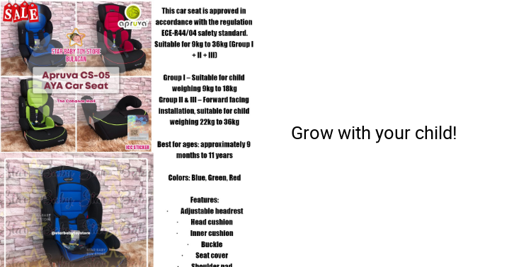 Star Baby Apruva Baby Car Seat Convertible to Booster CS-05 AYA