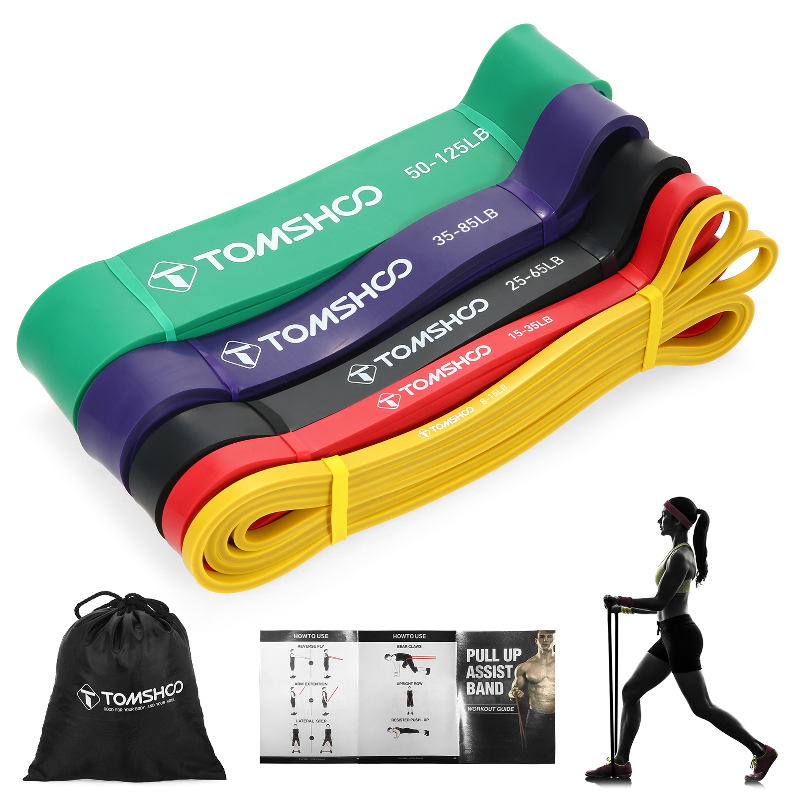 TOMSHOO ดึงวงดนตรี Assist Band วงความต้านทาน Powerlifting ออกกำลังกายยางยืดออกกำลังแบบแผ่นพร้อมกระเป๋าใส่โน๊ตบุ๊คแบบพกพา