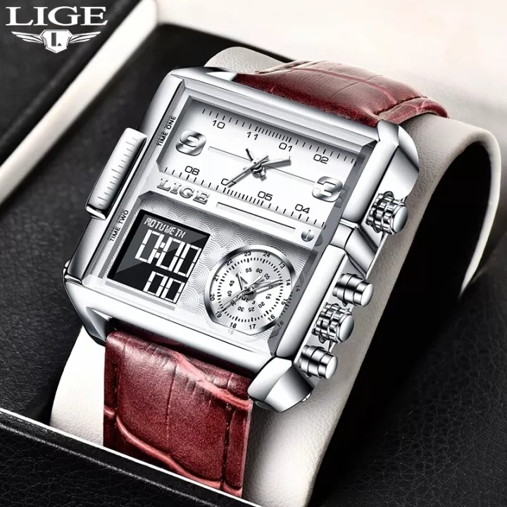 LIGE New Casual Watch Men Week Date Electronic Digital Clock Waterproof  Leather Quartz Watch For Men Box