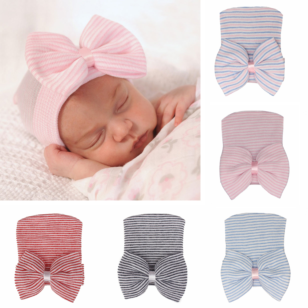 ATHYZH SHOP New Soft Turban Hats Stripe Infant Hat for Baby Girls Baby Hats Newborn Hospital Hat Cap with Bow Nursery Beanie