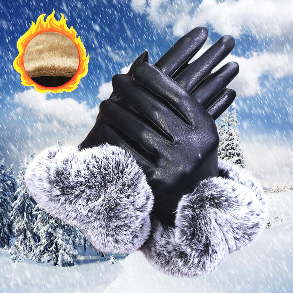 KQ0ฤดูหนาว Thicken อบอุ่นกันน้ำ Windproof PU หนังหน้าจอสัมผัส Mittens Faux ถุงมือขนสัตว์ถุงมือผ้าแคชเมียร์