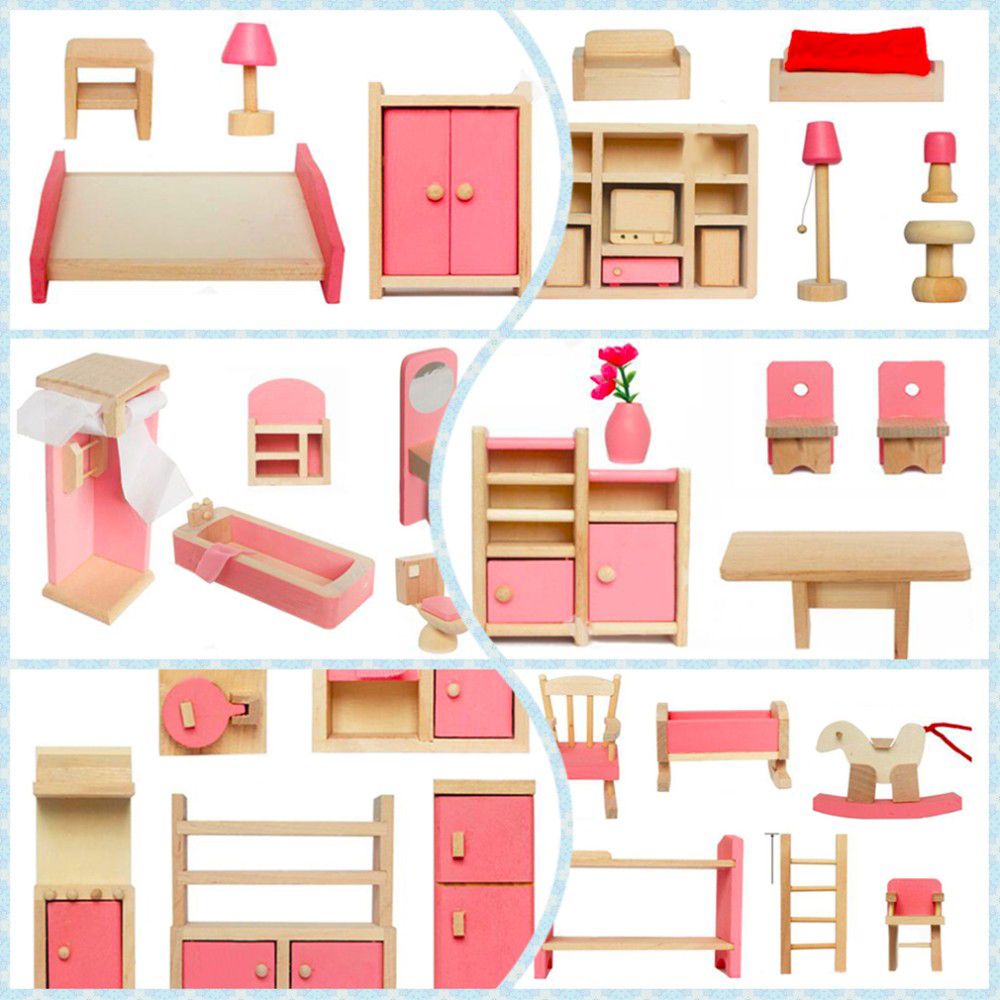 DDDFGDF เด็กห้องนอนห้องพักผ่อนที่น่าสนใจคุณภาพสูงห้องน้ำ DIY จำลองการศึกษาเฟอร์นิเจอร์บ้านตุ๊กตาของเล่นไม้เฟอร์นิเจอร์บ้านตุ๊กตา Miniature 6ประเภทของเล่นเรียนรู้สำหรับเด็ก3D อาคารของเล่น