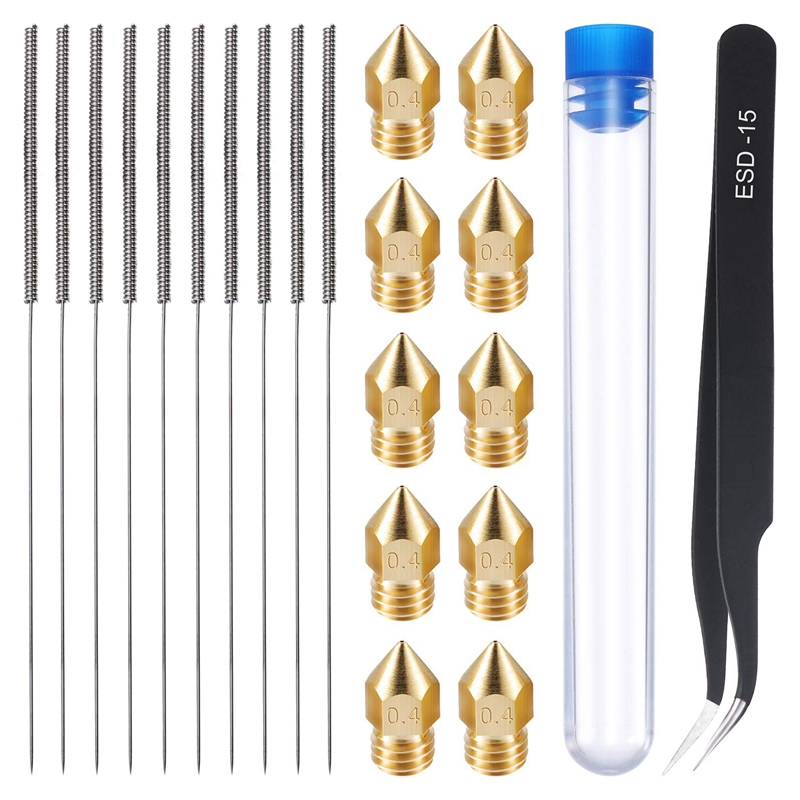 21 Pieces 3D Printer Nozzle and Cleaning Kit 0.4 Mm Mk8 Nozzles 0.4 Mm Needles and 1 Pack Tweezers Tool Kit Stainless Steel Nozzle Cleaning Tool Kit