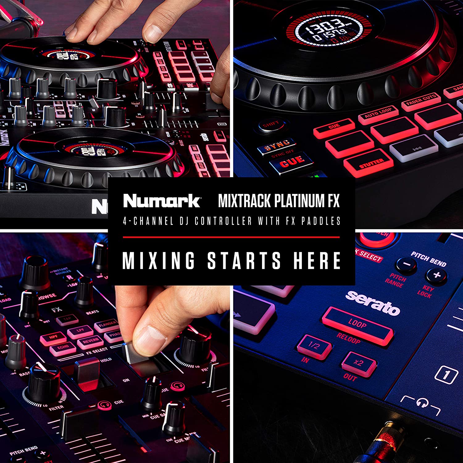 Numark Mixtrack Platinum FX - DJ Controller For Serato DJ with 4 Deck  Control, DJ Mixer, Built-in Audio Interface, Jog Wheel Displays and FX  Paddles