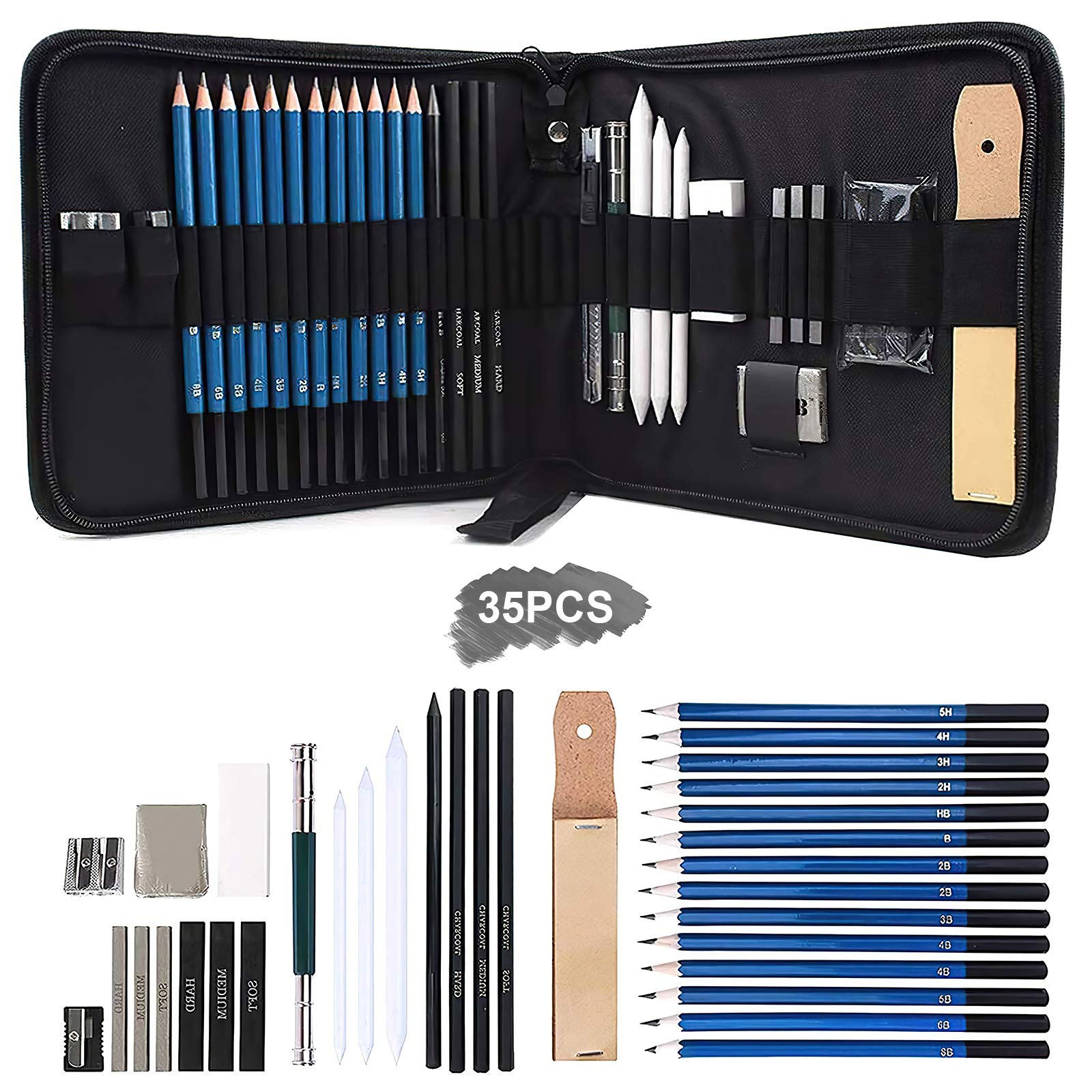 74-Piece Drawing Set - Beginner or Professional Tool Set Pencil Case with Watercolor Pencils Colored Graphite and Charcoal Pencils + Accessories