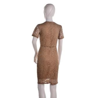 #128 Lace Overlay Short Sleeved Pencil Cut Korean Dress (Tan) April 2018 - 4 #128 Lace Overlay Short Sleeved Pencil Cut Korean Dress (Tan) - 4