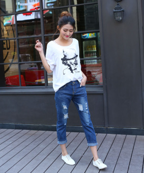 2016 Autumn Women Hole Jeans Denim Nine Pants (Dark Blue) June 2018 - 5 2016 Autumn Women Hole Jeans Denim Nine Pants (Dark Blue) - 5