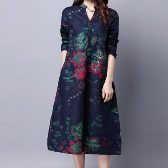 Amart Retro Women Loose Cotton Dresses Long Sleeve Flower Printed Dress Ethnic Dresses - Intl July 2018 - 2 Amart Retro Women Loose Cotton Dresses Long Sleeve Flower Printed Dress Ethnic Dresses - intl - 2