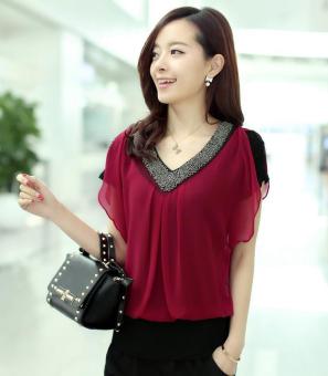 Blouse 2016 Summer New Short-sleeved Chiffon Shirt Slim V-neckBeads Plus Size M-4XL Red - Intl June 2018 - 2 Blouse 2016 Summer New Short-sleeved Chiffon Shirt Slim V-neckBeads Plus Size M-4XL Red - Intl - 2