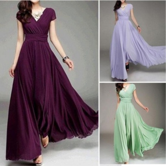 Fashion Summer Style V-Neck Short Sleeve Floral Dress For WomenBohemia Long Beach Maxi Dress(Wine Red) - Intl June 2018 - 3 Fashion Summer Style V-Neck Short Sleeve Floral Dress For WomenBohemia Long Beach Maxi Dress(Wine Red) - intl - 3