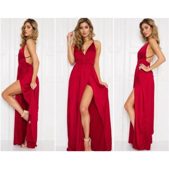 Hanyu Women Sexy Satin Strapless Dress V-Neck Fashion Long Party Dresses (Red) June 2018 - 5 Hanyu Women Sexy Satin Strapless Dress V-Neck Fashion Long Party Dresses (Red) - 5