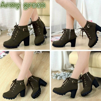 HengSong Women Thick PU Leather High Heel Martin Ankle Zipper Boots Army Green June 2018 - 2 HengSong Women Thick PU Leather High Heel Martin Ankle Zipper Boots Army Green - 2