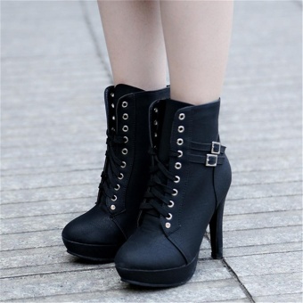 LALANG Women PU Leather Thin High Heel Short Boots (Black) - Intl June 2018 - 2 LALANG Women PU Leather Thin High Heel Short Boots (Black) - intl - 2
