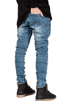 Mens Stretch Pintunck Slim Denim Biker Jeans (Blue) (Intl) - Intl April 2018 - 4 Mens Stretch Pintunck Slim Denim Biker Jeans (Blue) (Intl) - Intl - 4