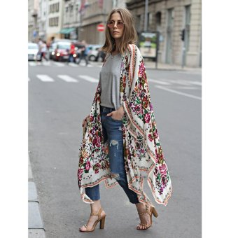 New Women Chiffon Kimono Cardigan Floral Print Asymmetric Boho Loose Outerwear Beachwear Bikini Cover Up White - Intl April 2018 - 2 New Women Chiffon Kimono Cardigan Floral Print Asymmetric Boho Loose Outerwear Beachwear Bikini Cover Up White - intl - 2