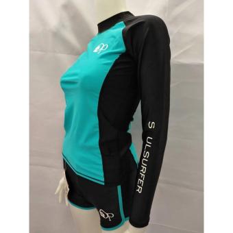 OP FB120 Women Fashion Light Green Long Sleeves Rash Guard Set With Black Short Cycling Swimwear June 2018 - 2 OP FB120 women fashion light green long sleeves rash guard set with black short cycling swimwear - 2