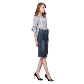 Ready Stock Women High Waist Embroidery Split A Line Knee Length Denim Skirts Plus Size S-4xL - Intl June 2018 - 3 Ready Stock Women High Waist Embroidery Split A Line Knee Length Denim Skirts Plus Size S-4xL - intl - 3