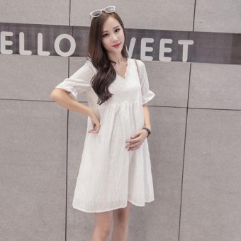 Small Wow Maternity Fashion V-neck Solid Color Cotton Loose Above Knee Dress White - Intl June 2018 - 2 Small Wow Maternity Fashion V-neck Solid Color Cotton Loose Above Knee Dress White - intl - 2