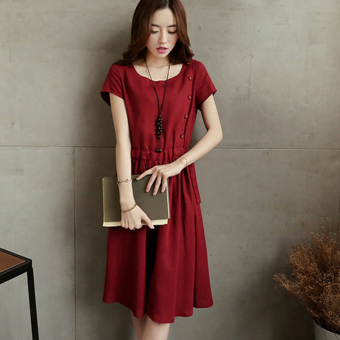 Stylish Scoop Collar Short Sleeve Floral Simple Hemp Women's Dress June 2018 - 2 Stylish Scoop Collar Short Sleeve Floral Simple Hemp Women's Dress - 2