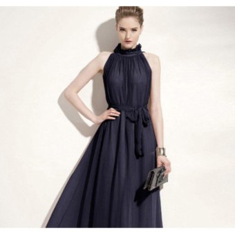 Summer Chiffon Ruffle Neck Sleeveless Evening Ball Gown Long MaxiDress- Navy Blue(One Size) - Intl June 2018 - 3 Summer Chiffon Ruffle Neck Sleeveless Evening Ball Gown Long MaxiDress- Navy Blue(One Size) - intl - 3