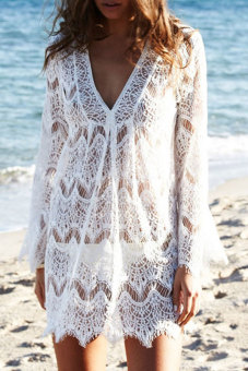 Toprank Swimsuit Cover Up Long Sleeve V-Neck Lace Beach Swim Suit Cover Up ( White ) June 2018 - 2 Toprank Swimsuit Cover Up Long Sleeve V-Neck Lace Beach Swim Suit Cover Up ( White ) - 2