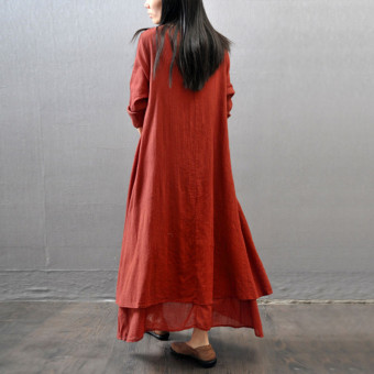 Vestidos 2016 Women Autumn Dress Fashion Plus Size Elegant Loose Full Sleeve V Neck Dress Casual Solid Cotton Linen Boho Long Maxi Dress Brick-Red June 2018 - 2 Vestidos 2016 Women Autumn Dress Fashion Plus Size Elegant Loose Full Sleeve V Neck Dress Casual Solid Cotton Linen Boho Long Maxi Dress Brick-Red - 2