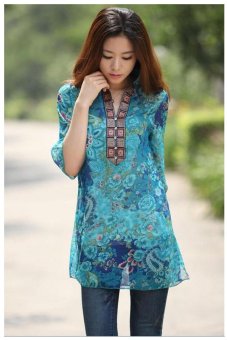 Women Embroidery Printing Vestidos Chiffon Dress Floral Casual Blouse Blue June 2018 - 3 Women Embroidery Printing Vestidos Chiffon Dress Floral Casual Blouse Blue - 3