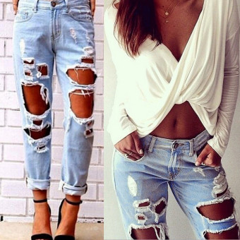 Women Hole Destroyed Ripped Distressed Slim Denim Pants Boyfriend Jeans Trousers May 2018 - 2 Women Hole Destroyed Ripped Distressed Slim Denim Pants Boyfriend Jeans Trousers - 2
