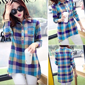 Women Long Sleeve Lapel Long Plaid Casual Shirt Blouse - Intl June 2018 - 3 Women Long Sleeve Lapel Long Plaid Casual Shirt Blouse - Intl - 3