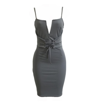 Women Pencil Dress Solid Plunging V Neck Sleeveless Bandage Lace Up Midi Backless Bodycon One-Piece Grey - Intl June 2018 - 4 Women Pencil Dress Solid Plunging V Neck Sleeveless Bandage Lace Up Midi Backless Bodycon One-Piece Grey - intl - 4