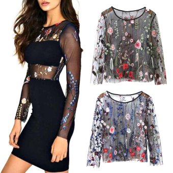 Women See Through Floral Embroidery Mesh Shirts Transparent LongSleeve Blouse Female Casual Tops(Blue) - Intl June 2018 - 5 Women See Through Floral Embroidery Mesh Shirts Transparent LongSleeve Blouse Female Casual Tops(Blue) - intl - 5