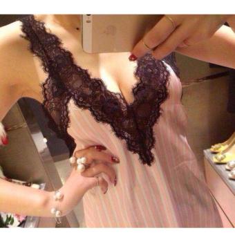 Women Striped Silk Pijama Sexy V-neck Silk Lace Robe Set Sleep Wear2pcs Soft Woman Nightgown - Intl June 2018 - 3 Women Striped Silk Pijama Sexy V-neck Silk Lace Robe Set Sleep Wear2pcs soft woman nightgown - intl - 3