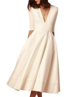 Women's Maxi Long Dress Deep V Neck Half Sleeve Aline Sexy (White) - Intl June 2018 - 5 Women's Maxi Long Dress Deep V Neck Half Sleeve Aline Sexy (White) - intl - 5
