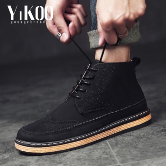 YIKOO Bullock Retro Genuine Leather Men's Formal Shoes Casual Boots Black - intl