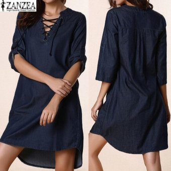 ZANZEA Womens Oversized Lace-Up V-Neck Denim Blue AsymmetricalCasual Mini Shirt Dress (Blue) - Intl June 2018 - 4 ZANZEA Womens Oversized Lace-Up V-Neck Denim Blue AsymmetricalCasual Mini Shirt Dress (Blue) - intl - 4