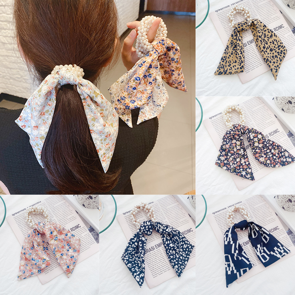 SIKONG Styling Tools Headwear Hair Accessories Floral Printed Bowknot Rubber Band Ponytail Holders Hairring Pearl Hair Ties Ribbon Hairband