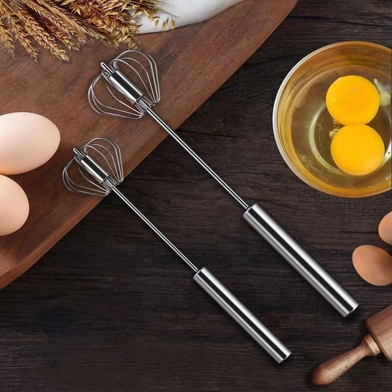 1pc Stainless Steel Semi-automatic Egg Beater With Press & Rotate Function,  Handheld Cream And Egg Mixer For Home Baking