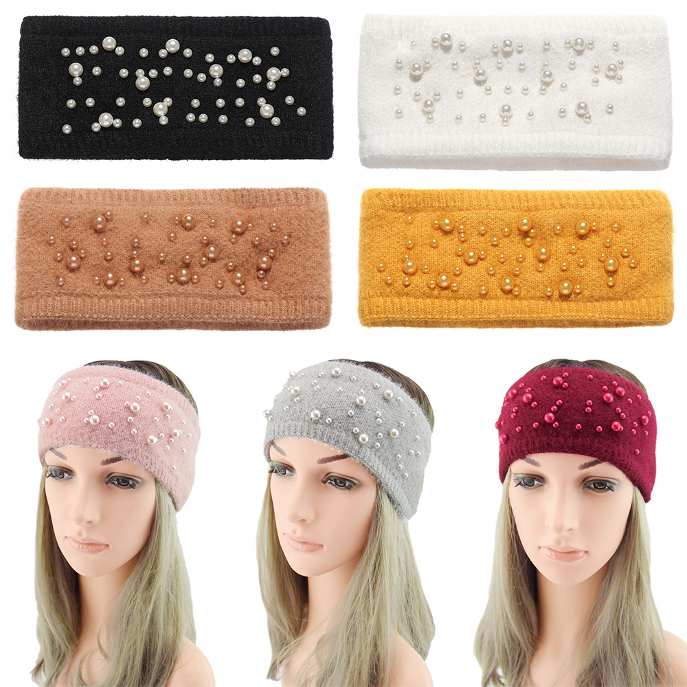 F8C503Y Women Girls Pearl Knitted Wide Stretch Turban Ear Warmer Winter Headbands Headwear