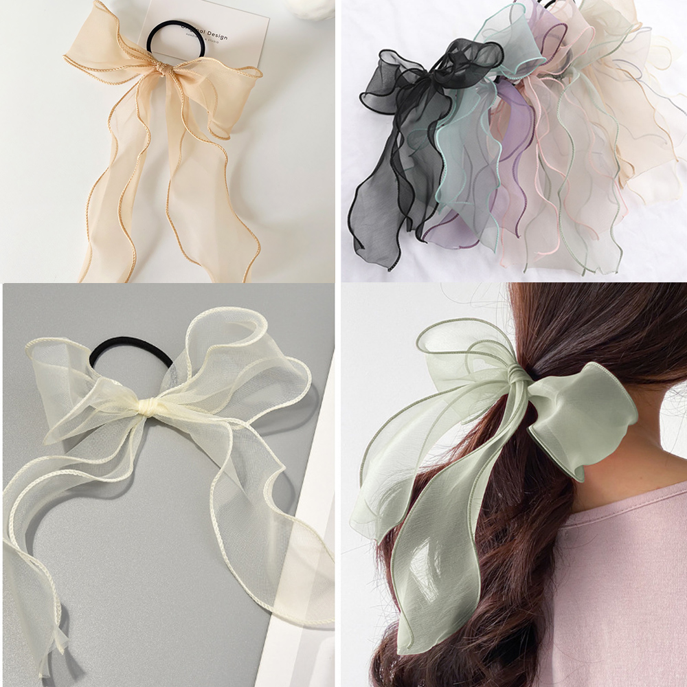 F8C503Y Women Soft Ponytail Hair Scrunchies Hair Accessories Organza Streamers Big Bow Sweet Ribbon Bands