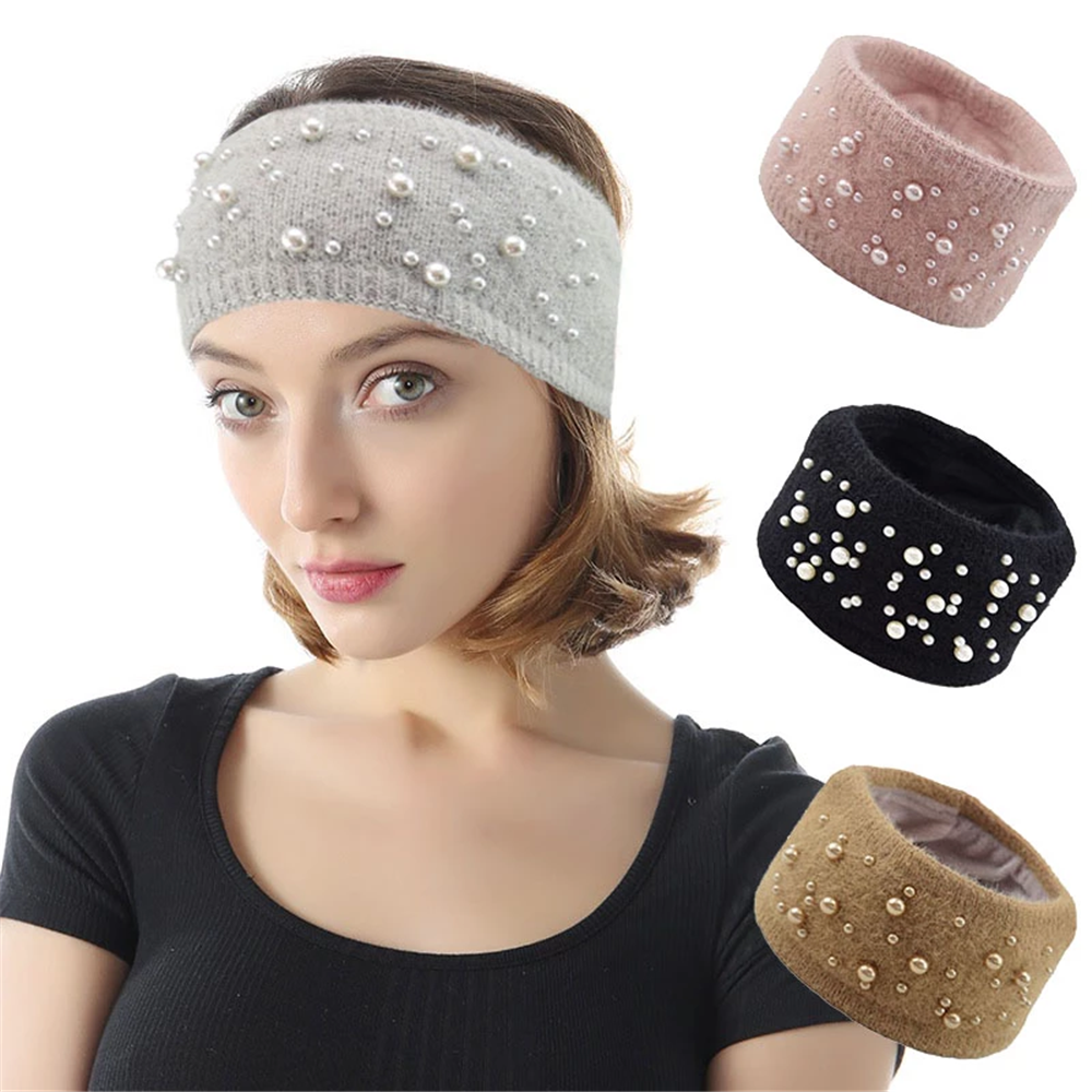 F8C503Y Women Girls Pearl Knitted Wide Stretch Turban Ear Warmer Winter Headbands Headwear