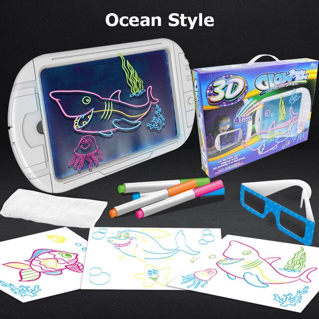 3D แว่นตาเรืองแสงกระดานวาดภาพ Magic Luminous Handwriting Graffiti แสง Pad ปริศนาสำหรับเด็กของขวัญของเล่นเพื่อการศึกษาเด็ก