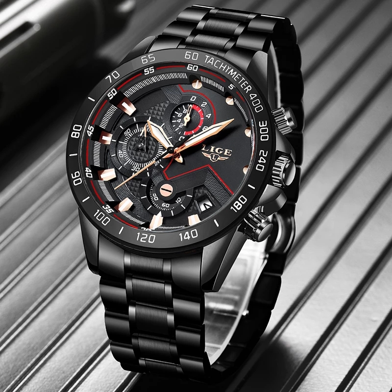 LIGE Fashion Watch Men Stainless Steel Waterproof Quartz Watch Chronograph  Sport Military Watches For Men Free Box