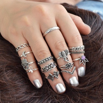 Feelontop 13 pcs/set Antique Gold Silver Color Knuckle Ring SetMoon Elephant Crown Flower Hand