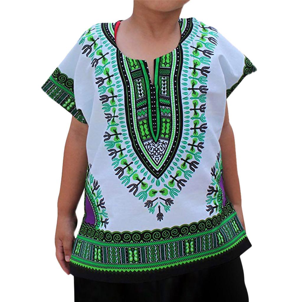 【 LA_AKOW MALL】Boy สาวเด็กแบบยูนิเซ็กซ์ Bright แอฟริกันสีเด็ก Dashiki T เสื้อ Tee Tops